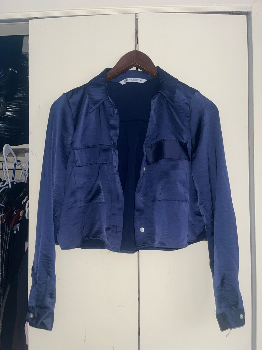 Silky Navy Cropped Button-Front Blazer